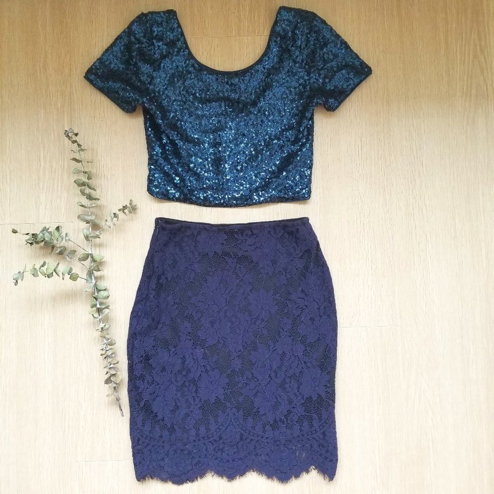 Forever 21 Blue Sequin Crop Top & Mini Skirt Set